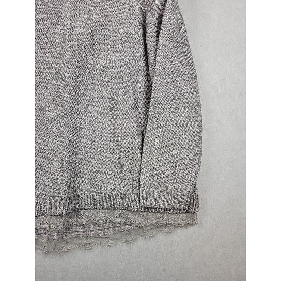 Chico's Samantha Shine Gray Sequined LS V Neck Lace Hem Sweater Women's 4 US 2XL - Picture 5 of 13